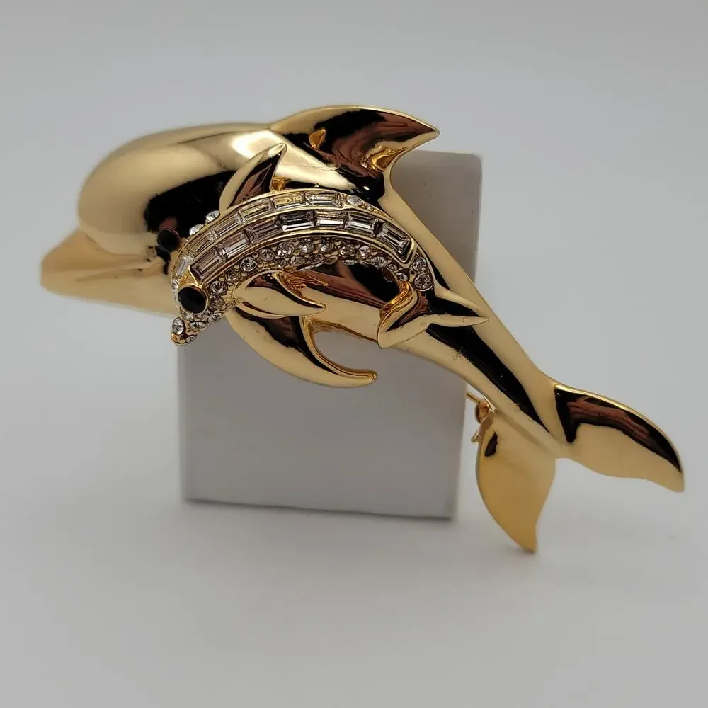 Vintage Gold-tone Dual Leaping Dolphins Trembler Baguette Round Rhinestones